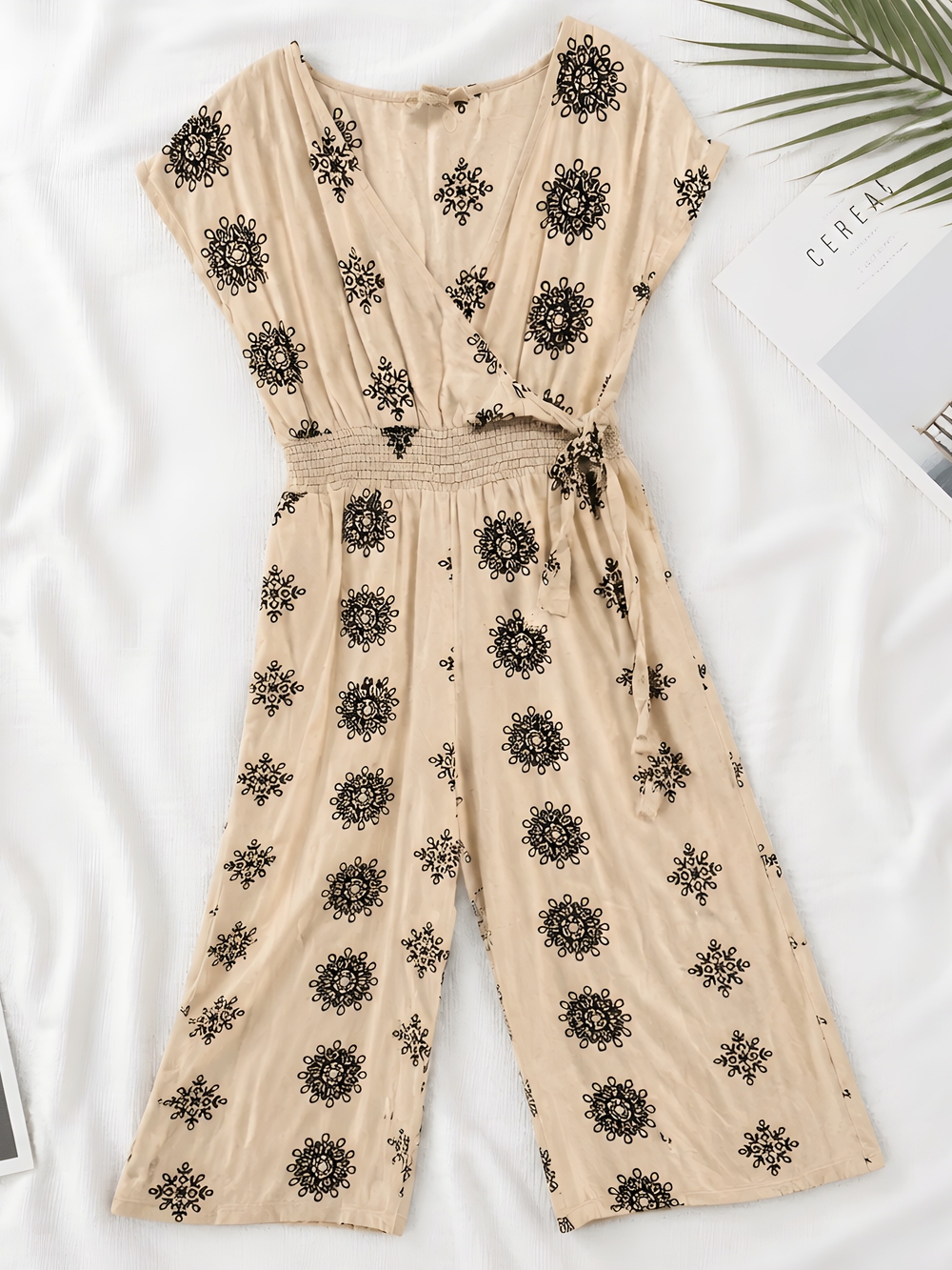 Beige Wrap Jumpsuit with Smocked Waist